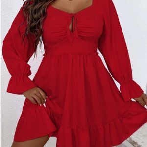 Plus Tie Front Flounce Sleeve Ruffle Hem Dress